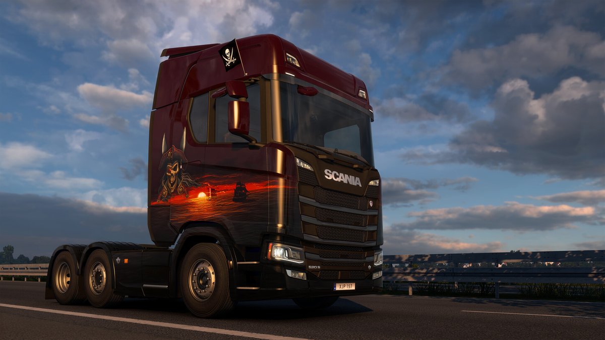 SCSsoftware's tweet photo. Ahoy, truckers! 🏴‍☠️ It be Talk Like a Pirate Day, so grab yer wheel, hoist the colours &amp; take to the roads! 🚛

Sail over to Steam &amp; check out the Pirate Paint Jobs Pack for Euro Truck Simulator 2! 🦜

X Marks the spot: https://t.co/PrSfjsoBv7 https://t.co/i1L43U0EGl