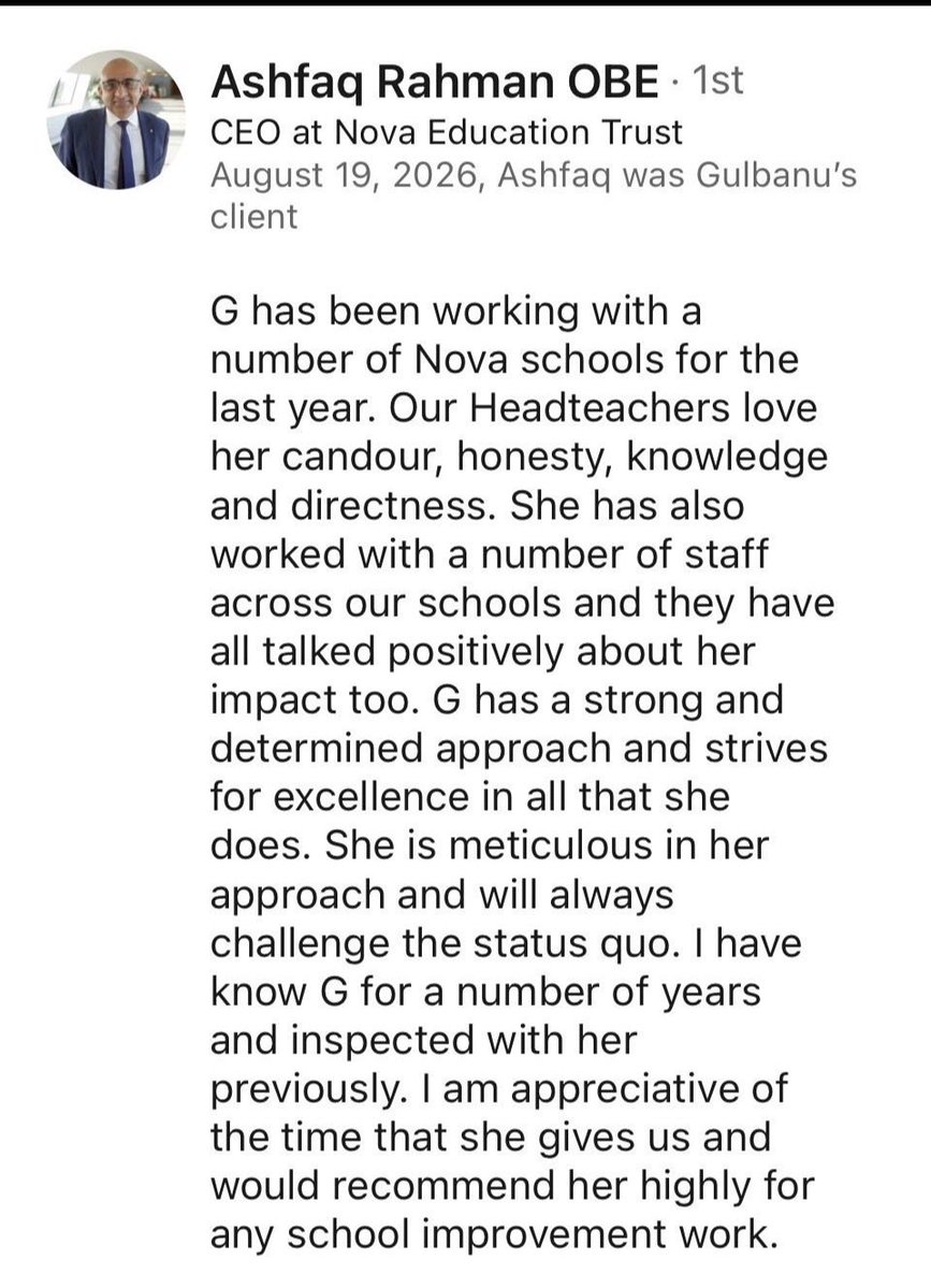GeeKader's tweet photo. Some lovely recommendations landed recently… from headteachers and CEOs who keep coming back.

Direct feedback, honest challenge, real impact for pupils. 

That’s what https://t.co/9eBgO4Mk8D stands for.

Grateful and humbled.

#SchoolImprovement #EducationLeadership https://t.co/zKkYTeIftB