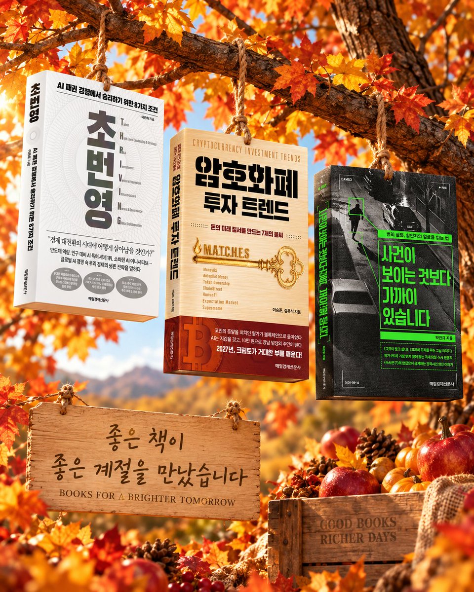 mkpublish's tweet photo. 🍂 좋은 책이, 좋은 계절을 만났습니다.

하나둘 결실을 맺는 가을,
나무에도 탐스러운 ‘책 열매’가 열렸어요. 📚🍎

AI 패권 경쟁의 미래를 읽는
《초번영》

2027년 크립토 시장의 판도를 바꿀 M.A.T.C.H.E.S
《암호화폐 투자 트렌드》

실제 사건 현장에서 범죄의 흔적을 따라가는
《사건이 보이는 것보다 가까이 있습니다》

관심 가는 분야는 달라도
올가을, 생각을 한 뼘 더 키워줄 책들이
탐스럽게 익어가고 있습니다. 🌳✨

독서하기 가장 좋은 계절,
당신은 어떤 책을 수확하시겠어요? 🍁