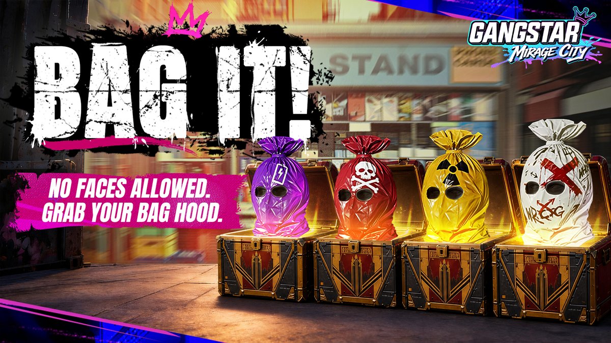 GangstarMCPK's tweet photo. 🗑️ BAG IT! — Naya Event Live Ho Gaya Hai!

Shakal dikhana mana hai jigar. Apna bag hood pakdo! 😎

Har din naye event tasks unlock honge—14 din ke event mein kabhi bhi poore karo, Lucky Scratches paao aur kadak rewards ke liye roll karo!

🎁 Guaranteed Bag Hood chahiye?

Har 7-day round ke dauran bas 5 din log in karo aur apna guaranteed hood claim karo!

Apni pasand ka hood nahi mila? Tension bilkul mat lo. Event wapas aaye ga, toh collection poori karne ke aur mauke milein ge. 👀

Apna style chunno, bag head charhao, aur Rooklyn ki sadkon par apni dhaak bithaao!

🎮 Abhi Download Karein!

💬 Discord Join Karein!

#GangstarMirageCity #Gangstar #GSTMC #OpenWorld #GSTMC820Live