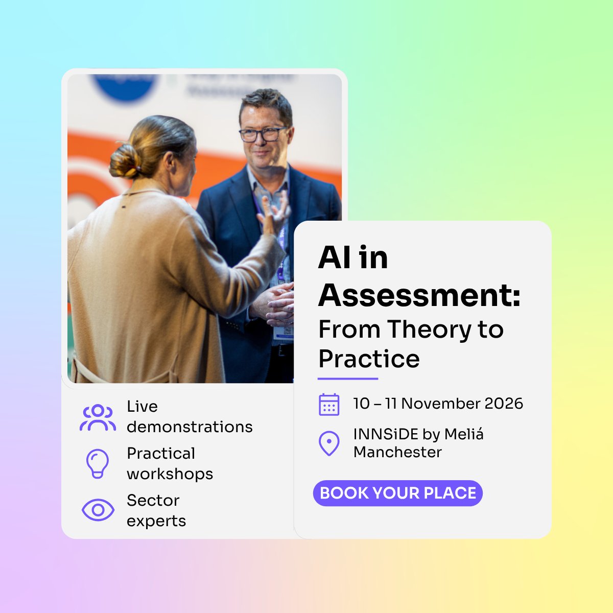 eAssess's tweet photo. AI in assessment is moving fast. The question is: what should organisations do with it?
Join us for 2 days of practical workshops, live demos, expert insight and discussion on responsible AI.

📅 10–11 Nov 2026
📍 Manchester

Book: https://t.co/b1VBwSXnpz

#AI #Assessment https://t.co/SBjjLZwtm7