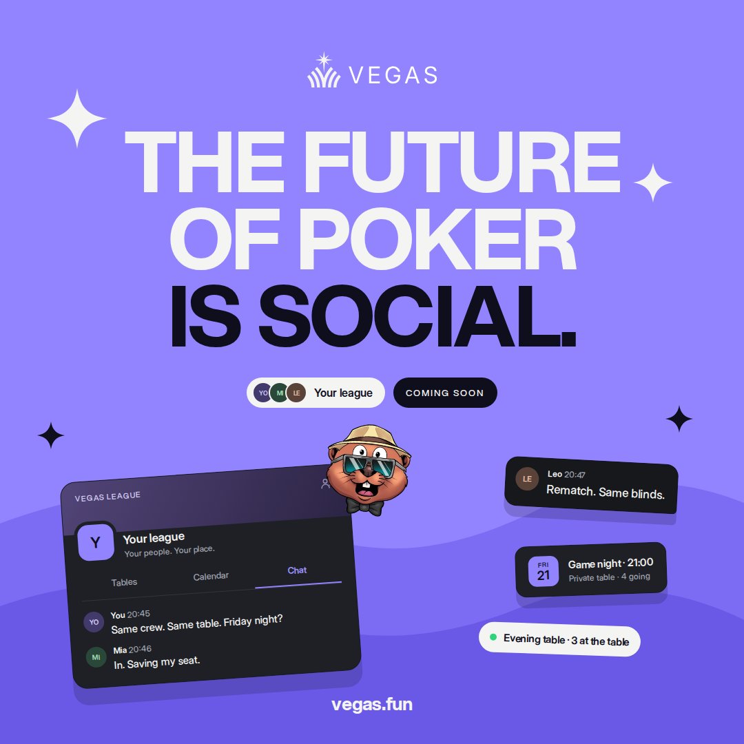 VegasDotFun's tweet photo. The social poker platform we've always dreamed of. A place for your community to hang out and play.

Come for poker. Stay for the people.

Coming soon. https://t.co/JzFkwcXSp1