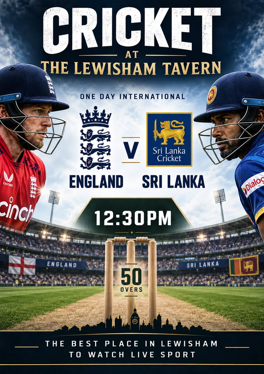 TavernLewisham's tweet photo. NO FOOTBALL. NO PROBLEM. 🏏🔥

England v Sri Lanka takes over the big screens from 12:30pm!

50 overs. Two nations. One huge afternoon of international cricket. 🍻

Get down to The Lewisham Tavern &amp; settle in for the action!

#ENGvSL #Cricket #Lewisham https://t.co/JkgP5WQlkD