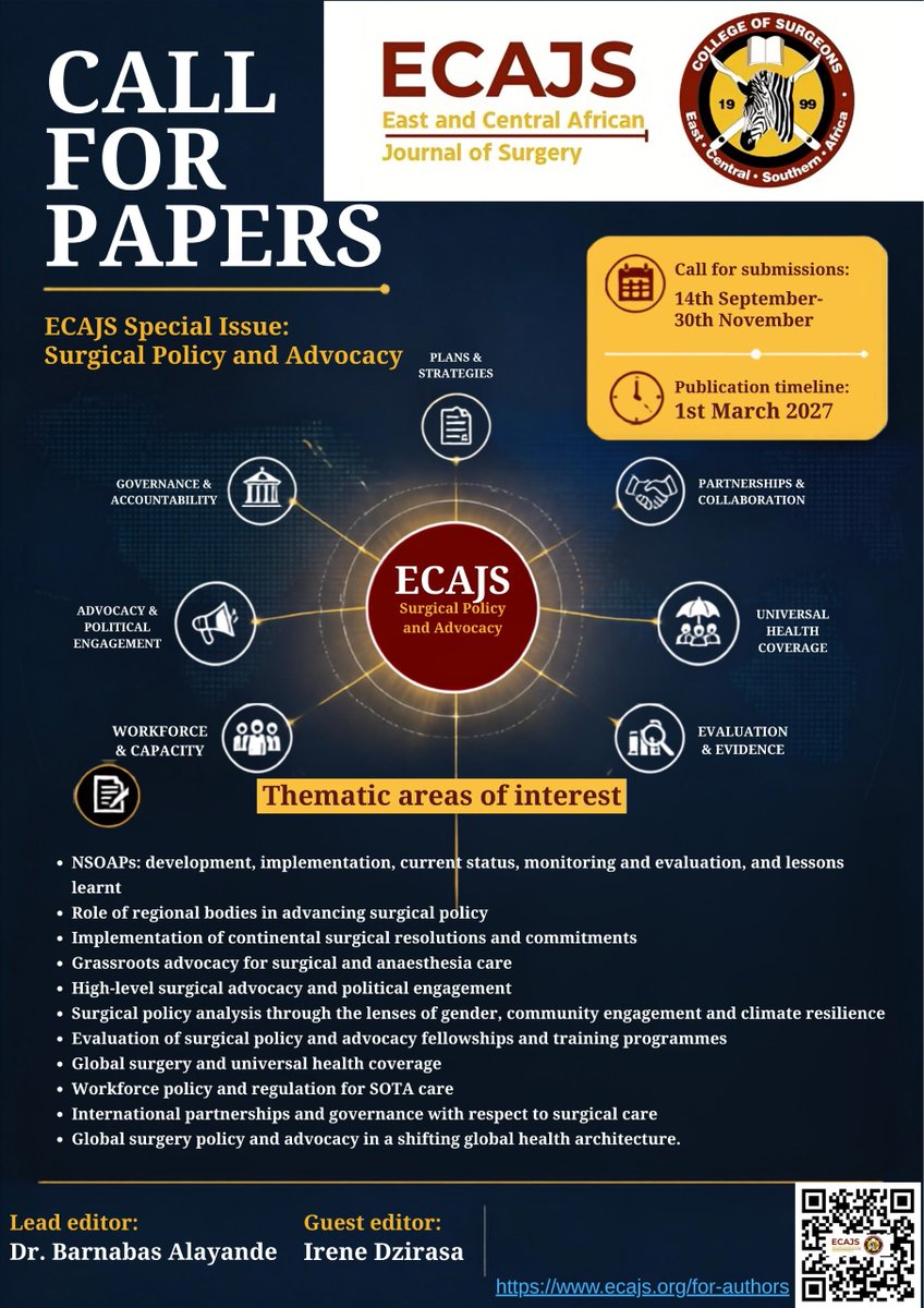 ECAJS's tweet photo. The @ECAJS Special Issue on Surgical Policy &amp; Advocacy is now open for submissions! 
If your research touches surgical governance, NSOAPs, advocacy, workforce or global surgery, don't miss out! 
Submit by 30 Nov: https://t.co/Ptbi5IzF9C https://t.co/1rzOO9c9RT