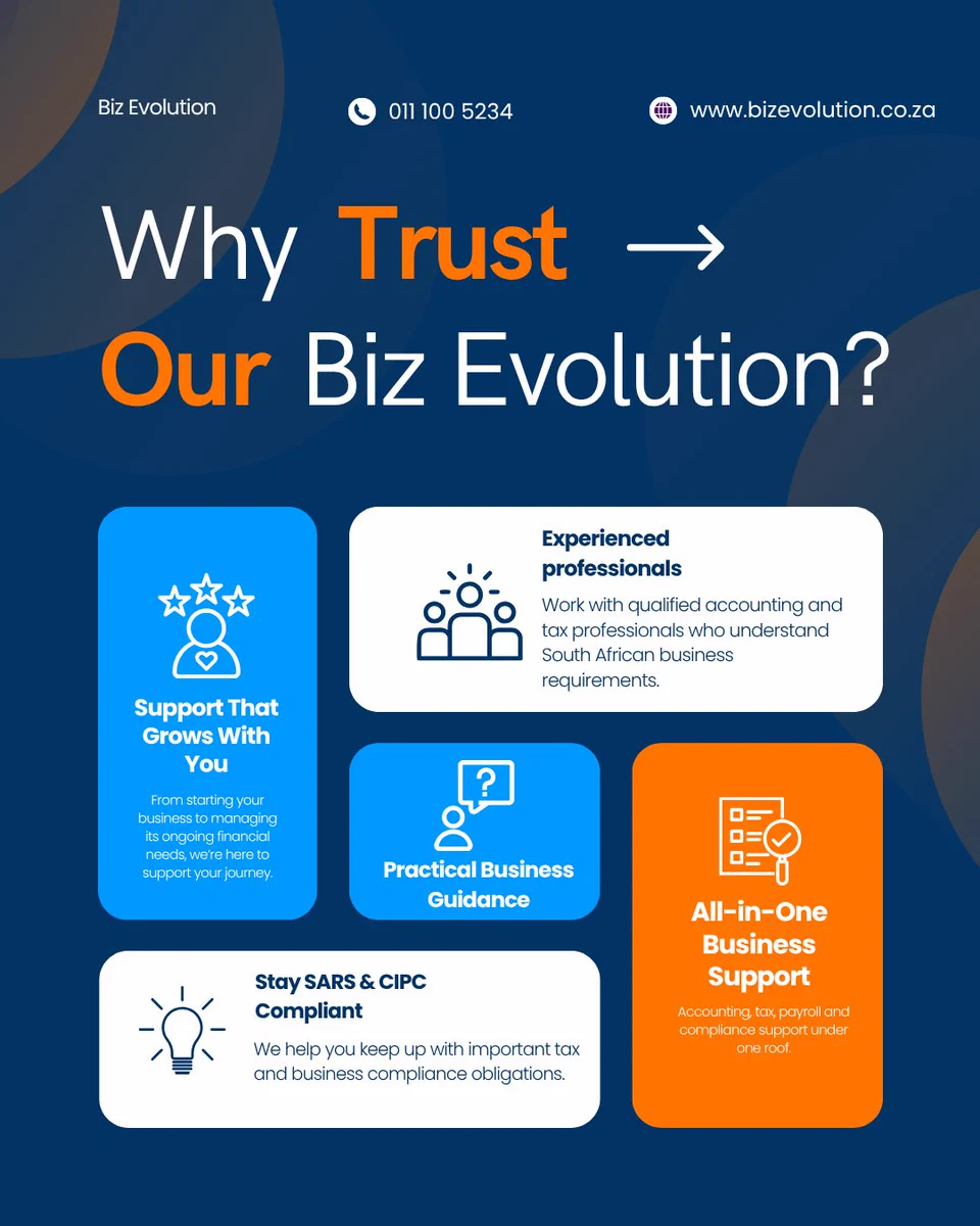 Graphic titled “Why Choose Biz Evolution?” featuring five reasons to choose Biz Evolution: experienced accounting and tax professionals, all-in-one business support, SARS and CIPC compliance assistance, practical business guidance, and support that grows with your business. The graphic also includes the message “Your business. Your numbers. Your growth.” and Biz Evolution branding.