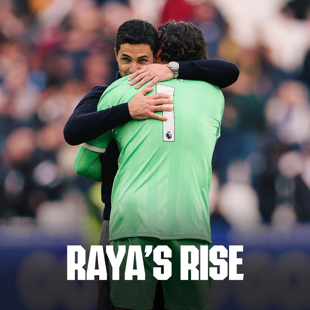 Arsenal's tweet photo. 💬 "He has tremendous quality, but he has overcome a lot of difficulties, a lot of challenges, to reach this point."

Mikel Arteta praises Raya's resilience 👇