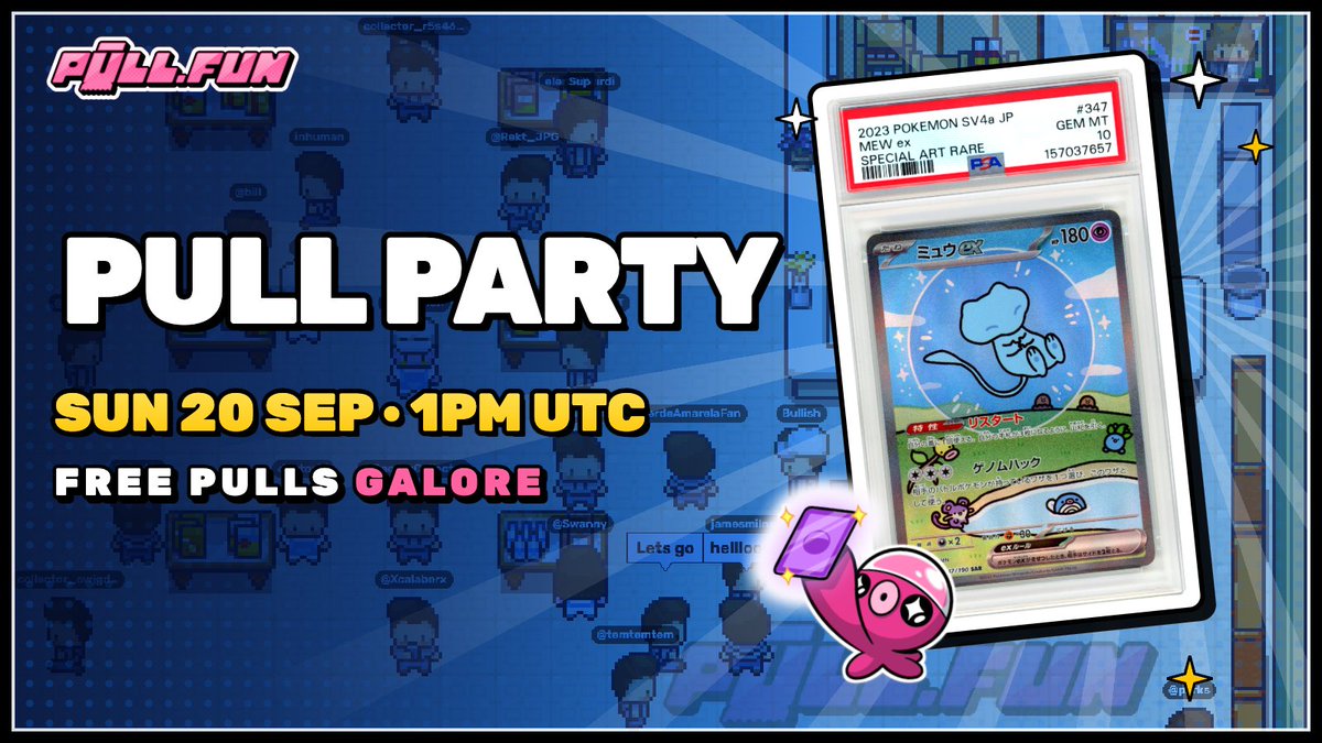 pulldotfun's tweet photo. One more Pull Party World before $TAKO launches. Available on web or mobile.

Sunday. 20 Sep. 1pm UTC. 1 x free pull at random for each attendee. You heard that right.

Share and drop your Pullfun usernames for us to drop the pulls beforehand. Mark your calendars! https://t.co/DMuyZkMxDc