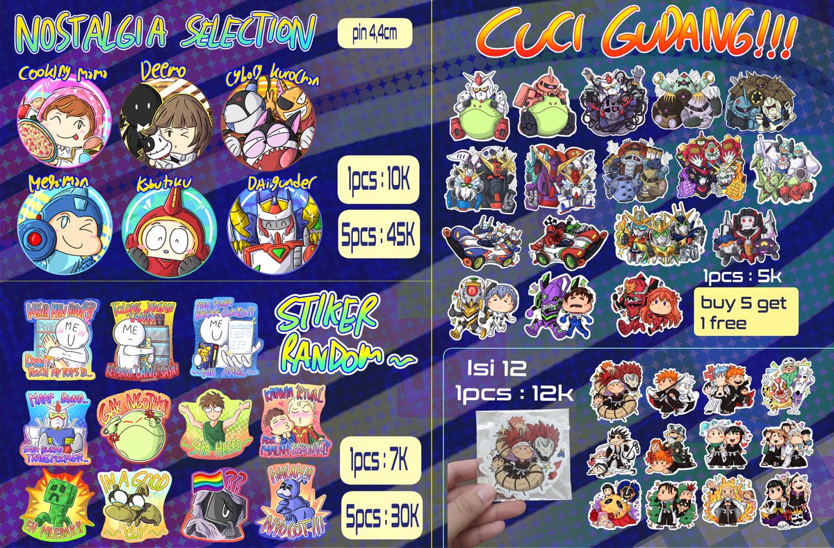 MasterRename's tweet photo. Part 3 stickers, keychain transformers - Gundam- cookie run - Fnaf, dll #Comifuro #cf23 #cf23catalog #comifuro23catalog https://t.co/KwTu8NZJsy