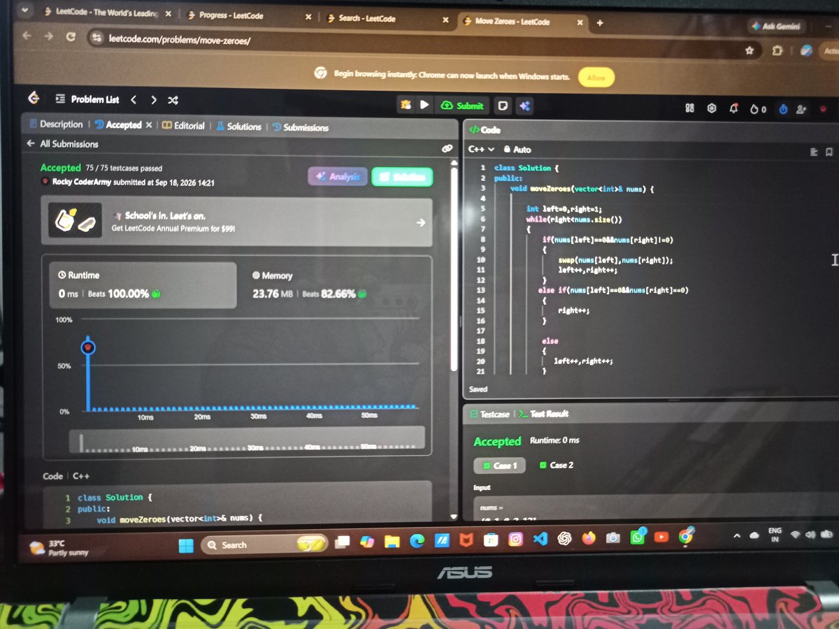 sumit_coder_'s tweet photo. Today: Easy + Medium + Hard DSA problems! 🟢🟡🔴
Approach galat hui, logic stuck hua, syntax errors bhi aaye😅but battle continue hai!
Solution bane ya na bane, confidence low nahi hona chahiye. 💯
Slow progress is still progress. 🌱
#DSA #LeetCode #CodingJourney #ProblemSolving https://t.co/FC1vYxlTBZ