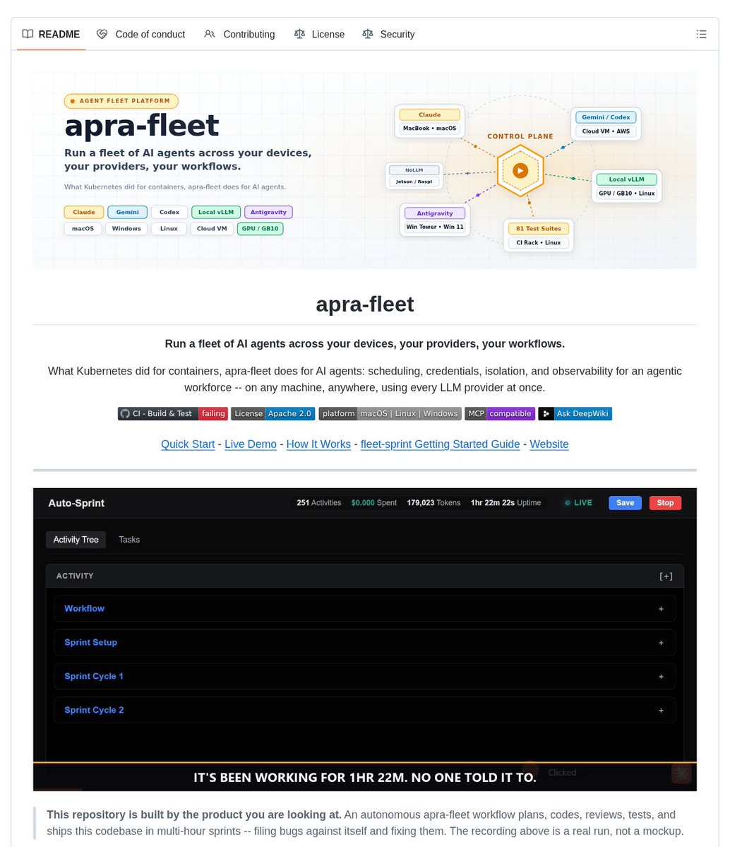 apra-fleet README view showing a control plane dispatching work to Claude, Gemini or Codex, local LLMs, and test suites across multiple machines