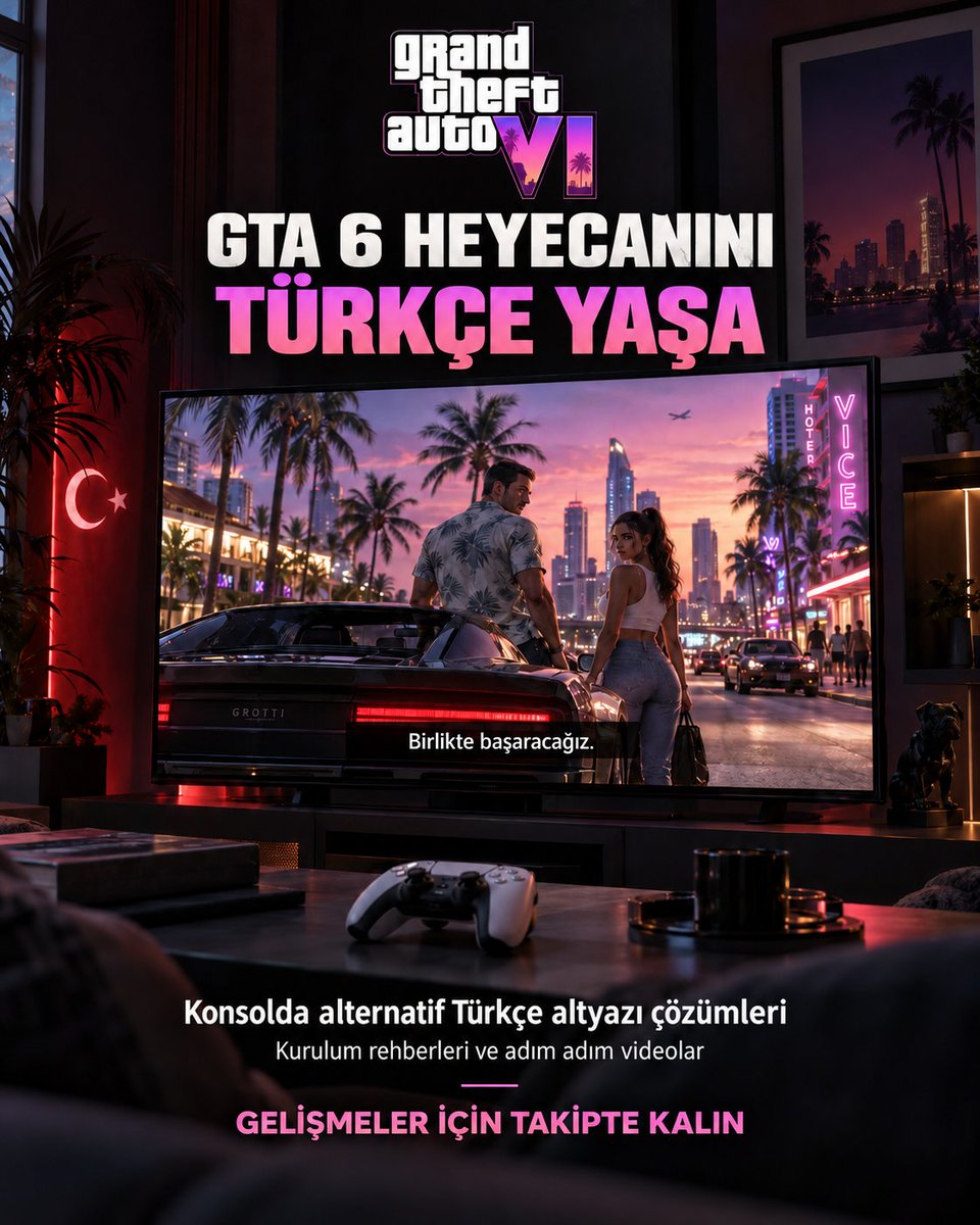 GTA6_Turk's tweet photo. GTA 6’nın konsol sürümünde resmi Türkçe dil desteğinin yer almayacağı kesinleşti; ancak bu durum oyunu kendi dilimizde deneyimlememize engel değil.

​Konsollarda eş zamanlı Türkçe altyazı desteği sağlayan alternatif uygulamalar mevcut. Oyunun çıkış dönemine kadar TV ekranına entegre altyazı çözümleri de kullanıma hazır hale gelecek.

​Süreç boyunca bu yöntemleri herkesin kolayca uygulayabilmesi için kapsamlı rehberler ve adım adım video içerikleri hazırlayacağız. GTA 6 heyecanını Türkçe yaşamak isteyen tüm oyuncularımızın yanında olacağız.

​Gelişmelerden ve kurulum rehberlerinden haberdar olmak için takipte kalın.