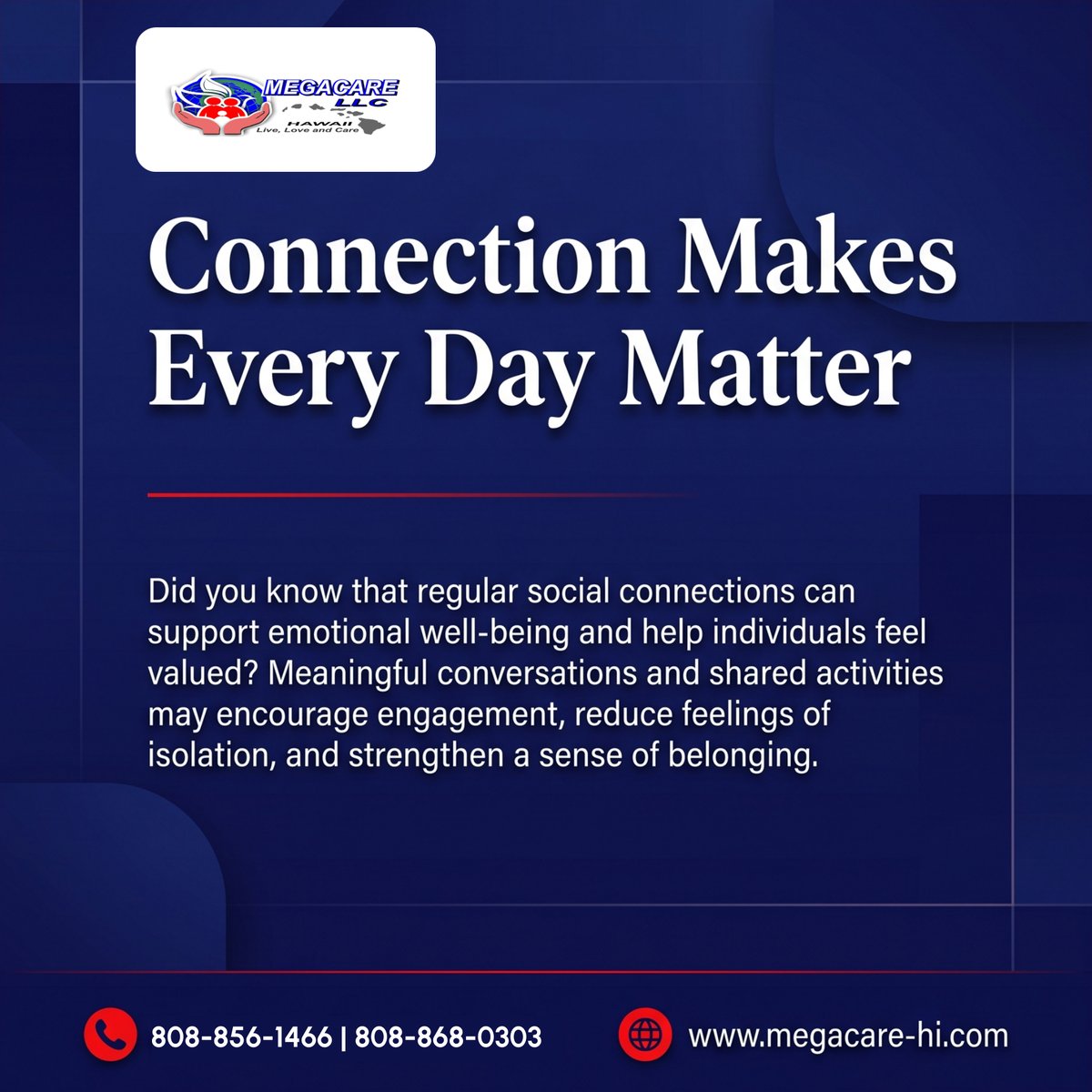MegacareLLCHI's tweet photo. Social connection can support both emotional and physical well-being. 💙 Encourage regular conversations, shared activities, and meaningful check-ins with loved ones. 

#WailukuHI #HomeCare #SocialConnection #CompanionshipAwareness #EmotionalWellBeing https://t.co/BByfwj436t