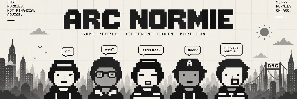 0xLucidx0's tweet photo. giving away 8x GTD + 10x FCFS spots for @ArcNormie 

Arc Normies is a collection of 5,555 pixel characters living on Arc

no superheroes, no gods, no crazy backstories
just ordinary people who make crypto feel alive

• 5,555 supply
• Arc
• free mint
• mint date: TBA

to enter:

• follow @ArcNormie & @0xLucidx0 
• like + RT their post
• drop evm address below 👇

ends in 12hrs

good luck 🫡