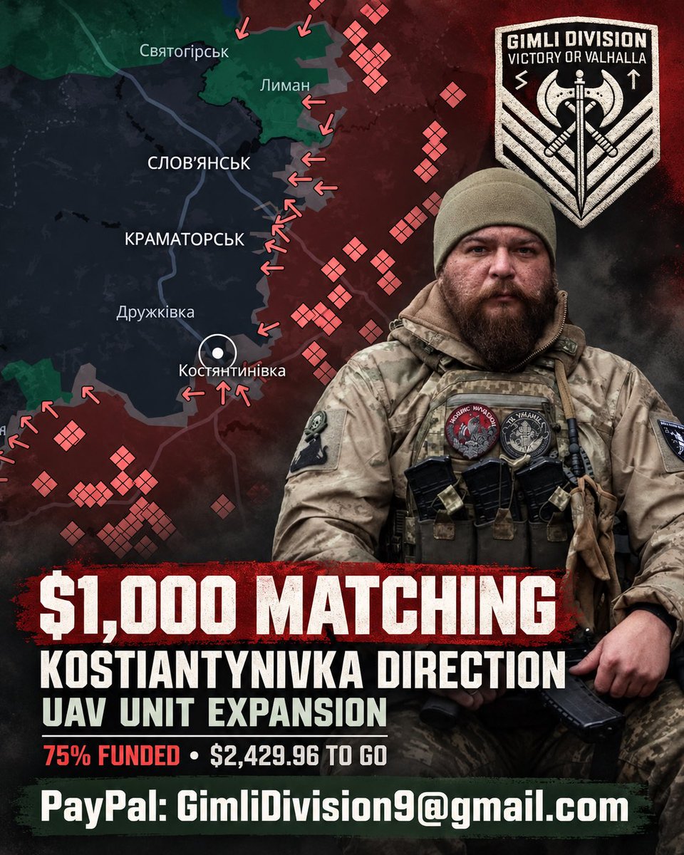tanyawoz4's tweet photo. DAY 62 ⚔️ GIMLI DIVISION

77% FUNDED
🟩🟩🟩🟩🟩🟩🟩🟩🟩🟩⬜⬜⬜

• $173.65 raised since our last update
• $7,443.69 raised
• $2,256.31 left
• $611.48 still available in the @TJDownunder match 🔥

We are getting closer. The EcoFlows are the final equipment needed for Gimli’s expanding UAV teams near Kostiantynivka.

Two raffles are also running:

🎟️ $2 Super Raffle - 7 prizes
🐈 $5 Operation Cat Butt - over 20 prizes

A $5 donation enters both raffles and becomes $10 while TJ’s match is active. Let’s use every dollar of it.

PayPal: gimlidivision9@gmail.com 

For those interested in the raffles, I will share links below in thread with the details. 

Thanks so much and I wish you a great day!!