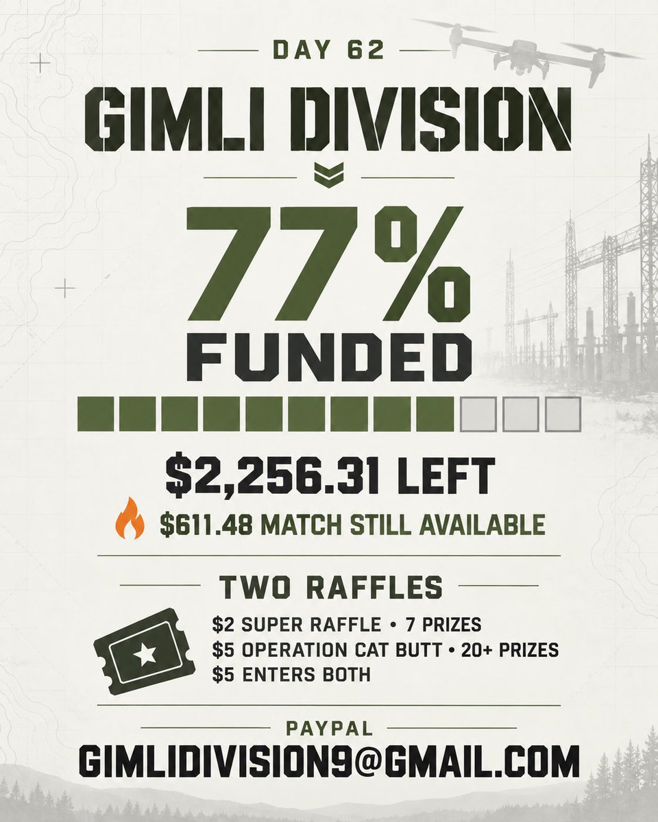 tanyawoz4's tweet photo. DAY 62 ⚔️ GIMLI DIVISION

77% FUNDED
🟩🟩🟩🟩🟩🟩🟩🟩🟩🟩⬜⬜⬜

• $173.65 raised since our last update
• $7,443.69 raised
• $2,256.31 left
• $611.48 still available in the @TJDownunder match 🔥

We are getting closer. The EcoFlows are the final equipment needed for Gimli’s expanding UAV teams near Kostiantynivka.

Two raffles are also running:

🎟️ $2 Super Raffle - 7 prizes
🐈 $5 Operation Cat Butt - over 20 prizes

A $5 donation enters both raffles and becomes $10 while TJ’s match is active. Let’s use every dollar of it.

PayPal: gimlidivision9@gmail.com 

For those interested in the raffles, I will share links below in thread with the details. 

Thanks so much and I wish you a great day!!