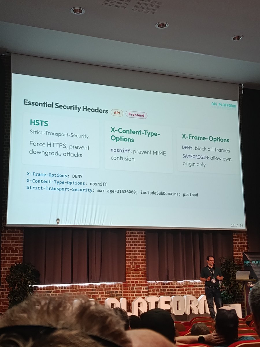 laravel_france's tweet photo. Du header de sécurité indispensable au plus pointu : Florent Morselli fait le tour de ce qu'il faut mettre en place pour protéger nos applications 🔒 #APIPlatformCon https://t.co/e5Gl9CnuI9