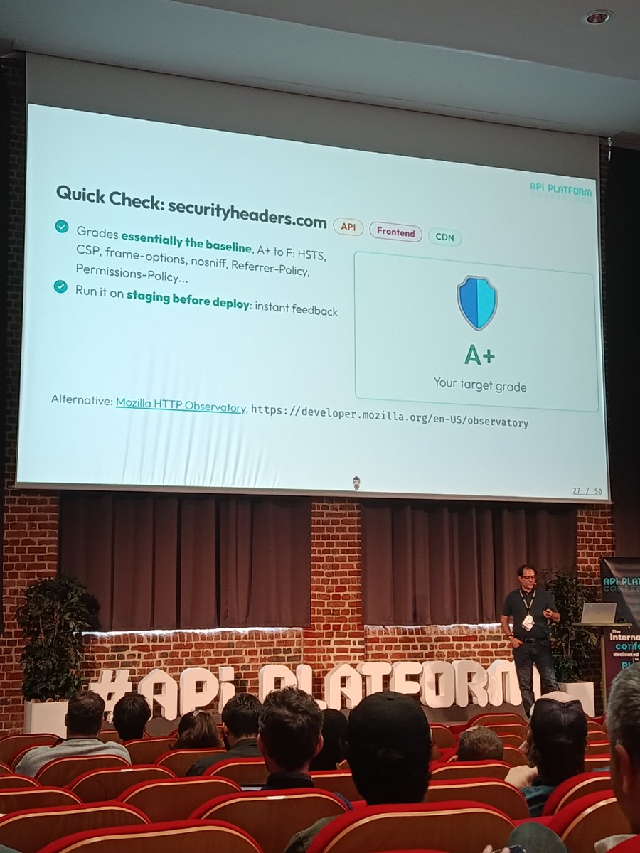 laravel_france's tweet photo. Du header de sécurité indispensable au plus pointu : Florent Morselli fait le tour de ce qu'il faut mettre en place pour protéger nos applications 🔒 #APIPlatformCon https://t.co/e5Gl9CnuI9