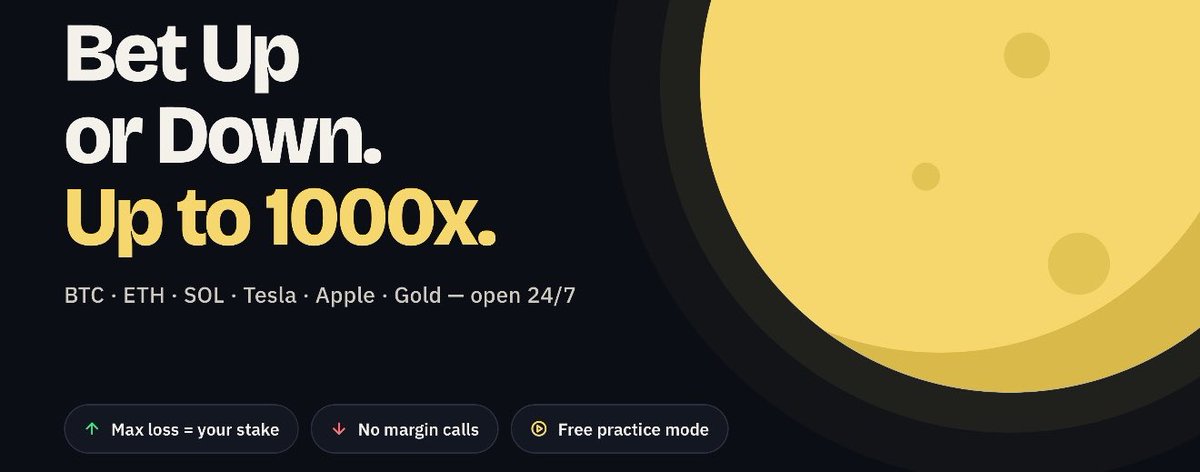 Mrbankstips's tweet photo. With Moon, you can bet Up or Down on BTC, ETH, SOL, Tesla, Apple, gold and more.

→ 1x to 1000x leverage
→ Max loss = your stake. No margin calls, you never owe a dime
→ Open 24/7, even stocks on weekends
→ Play-money mode to practise first

Use code "banks" 👇
https://t.co/dPe6vuHVCC

🔞. High risk, High Reward. Only play what you can afford to lose.🍏🍏🍏