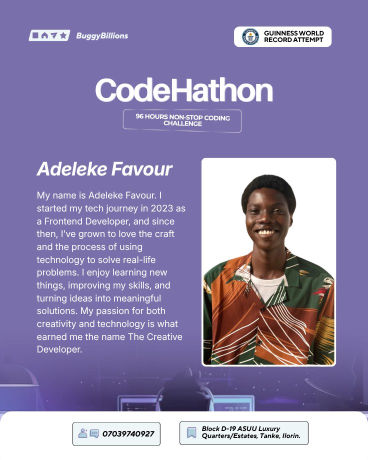 BuggyBillionsng's tweet photo. MEET THE BUILDERS TAKING ON THE CHALLENGE! 💻

📅 24th to 28th September 2026

#BuggyBillions #CodeHathon #TechCommunity #CodingChallenge #GuinnessWorldRecords https://t.co/4nQh1QmgmJ