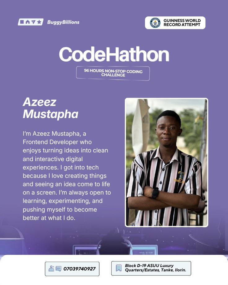 BuggyBillionsng's tweet photo. MEET THE BUILDERS TAKING ON THE CHALLENGE! 💻

📅 24th to 28th September 2026

#BuggyBillions #CodeHathon #TechCommunity #CodingChallenge #GuinnessWorldRecords https://t.co/4nQh1QmgmJ
