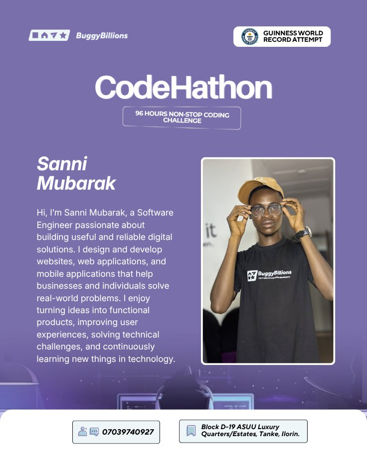 BuggyBillionsng's tweet photo. MEET THE BUILDERS TAKING ON THE CHALLENGE! 💻

📅 24th to 28th September 2026

#BuggyBillions #CodeHathon #TechCommunity #CodingChallenge #GuinnessWorldRecords https://t.co/4nQh1QmgmJ