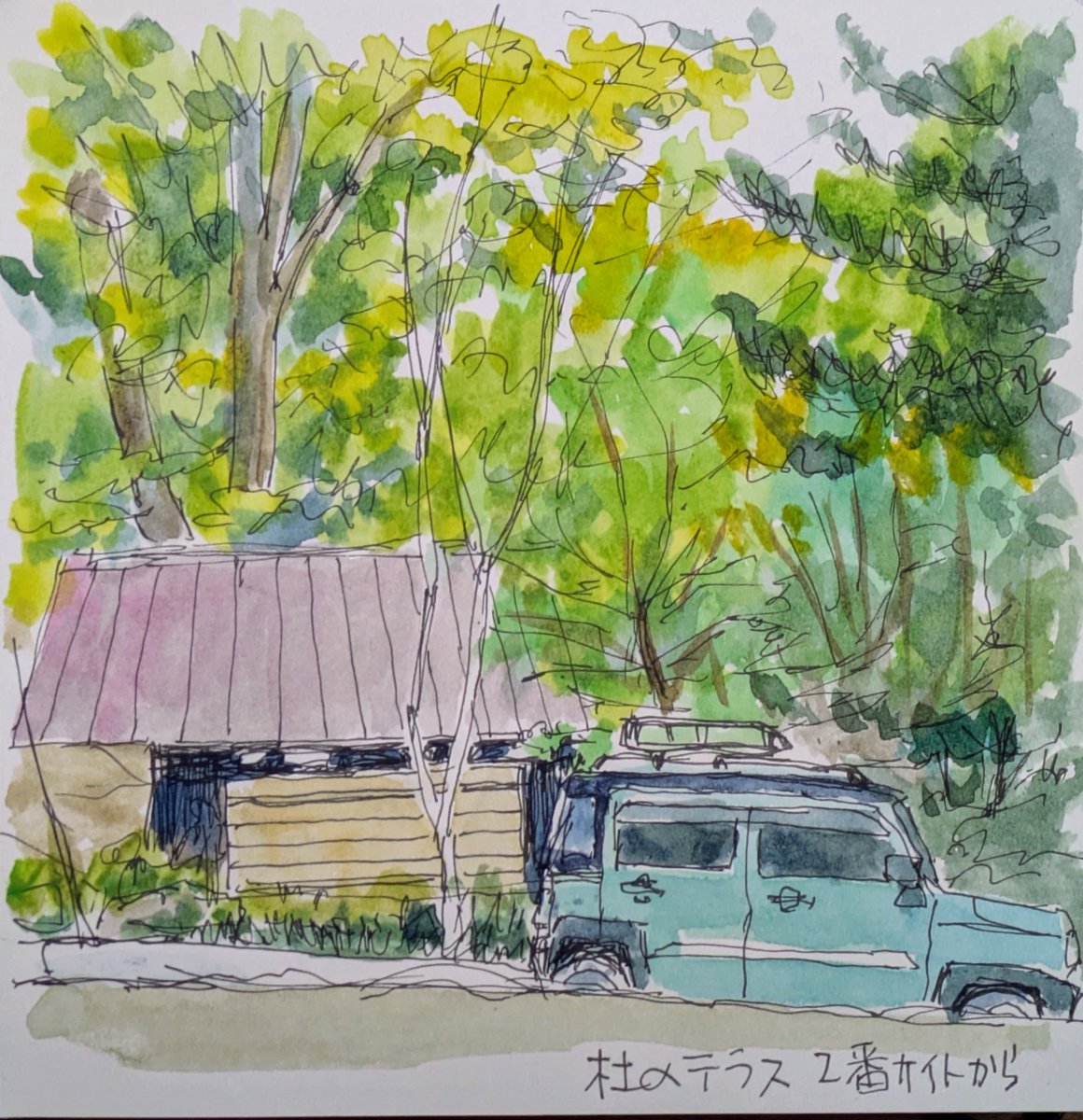 kayak888hm's tweet photo. 今回利用した杜のテラス２番サイトから駐車したハスラーを描いてみた。 https://t.co/EQcsIEIEm2