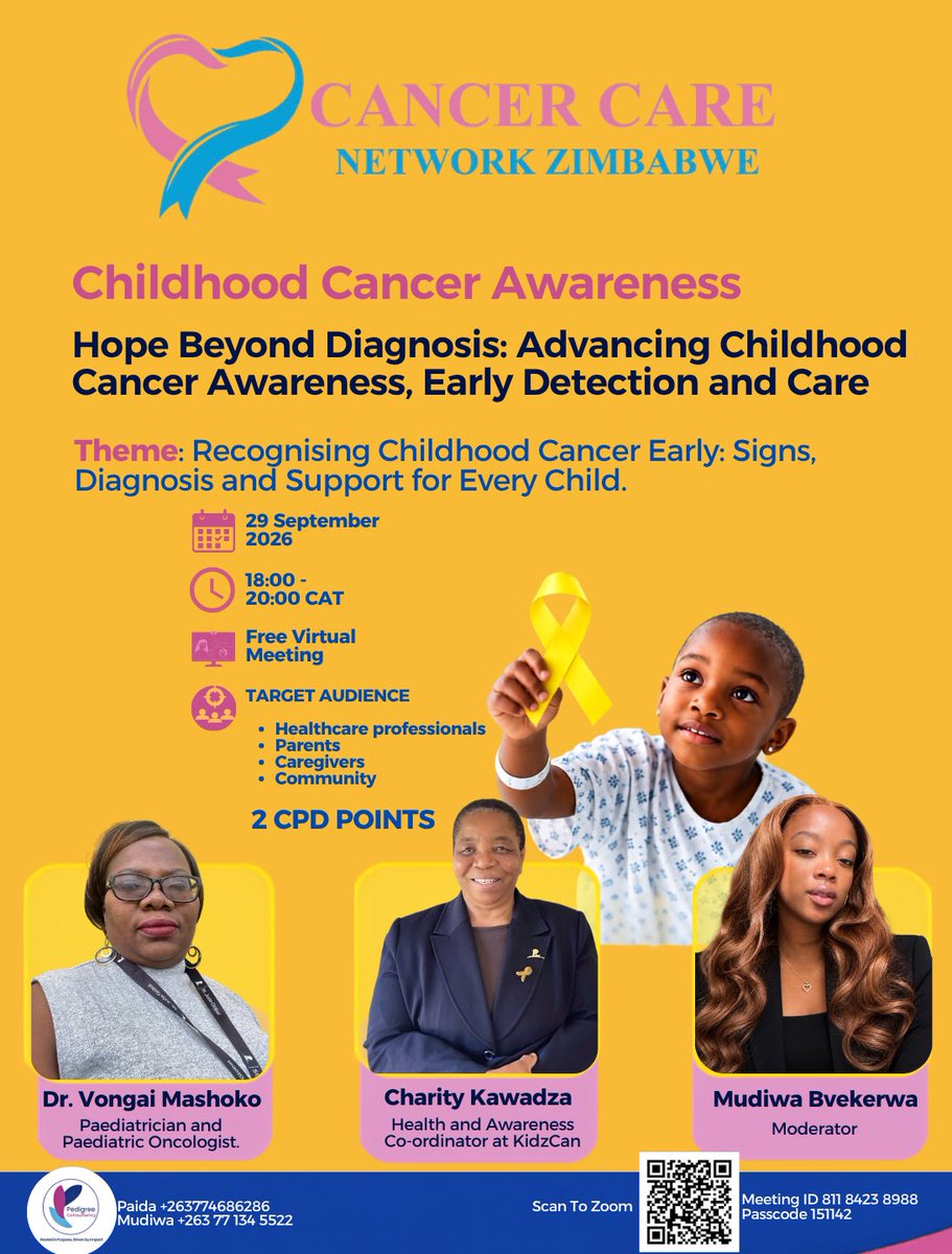 PedigreeEventss's tweet photo. Recognising the signs early can make a difference.

Join Cancer Care Network Zimbabwe on 29 September 2026 | 18:00–20:00 CAT for a free virtual session on childhood cancer awareness, early diagnosis and support.

📌 2 CPD points available https://t.co/gZUvMhbpCX