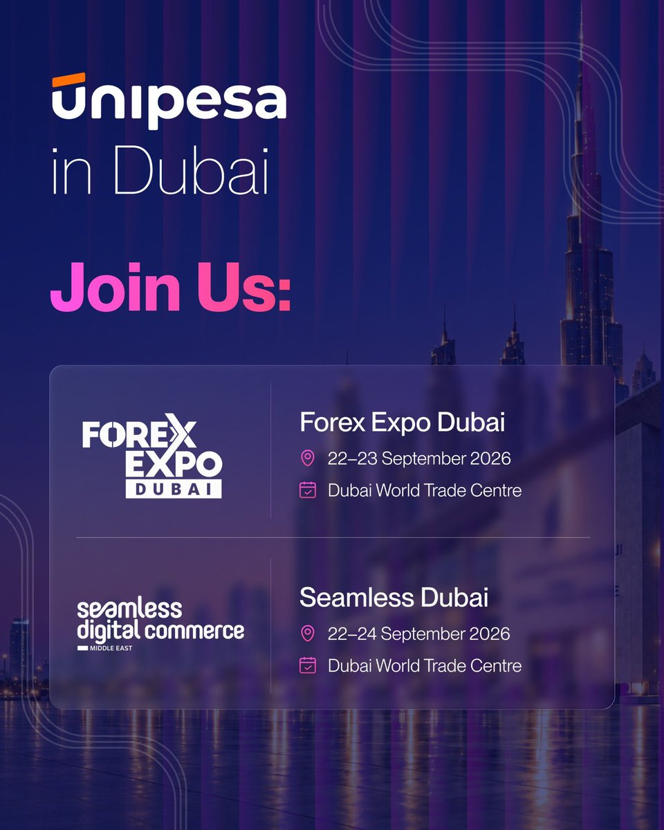 UNIPESA's tweet photo. Our Dubai calendar is looking busy next week. 👀

From 22–24 September, the Unipesa team will be at @TheForexExpo Dubai and @seamlessMENA at Dubai World Trade Centre.

If you’ll be there too and want to talk business, let’s get a meeting in the calendar.

✉️ info@unipesa.com https://t.co/cslEOujJ5W