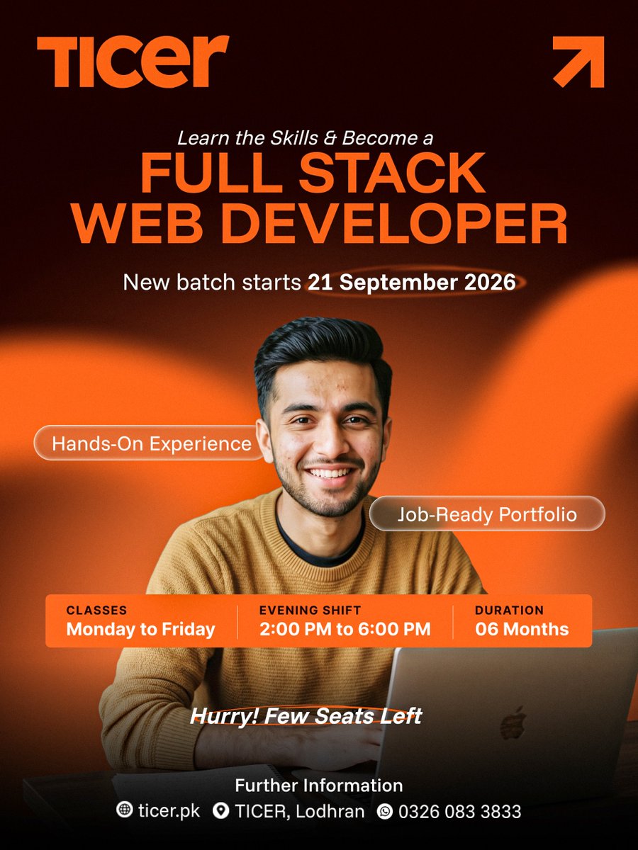 ticerpk's tweet photo. Thinking about learning web development? Start with the right skills.
Our new Full Stack Web Development batch is starting on 21 September 2026.
π
Monday β Friday
β° 2:00 PM β 6:00 PM
Limited seats available.
π TICER, Lodhran
π 0326 083 3833
#FullStackWebDevelopment https://t.co/nMiPNZZdMZ