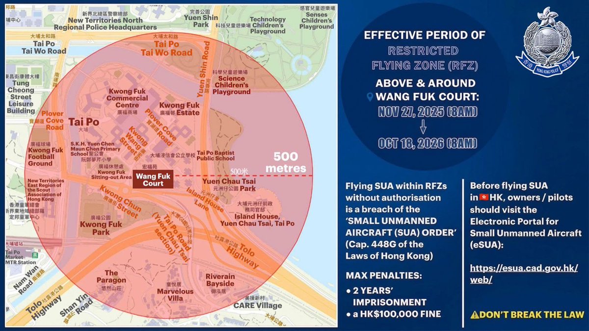 hkpoliceforce's tweet photo. ⚠️EXTENSION

The #Police will extend the effective period of the 🚫RESTRICTED FLYING ZONE above and around📍#WangFukCourt from September 20, 2026 (8AM) to October 18, 2026 (8AM)—to keep ensuring #PublicSafety following the inferno that had ravaged the housing estate in #TaiPo in NOV, 2025.

🚫#NoDrones