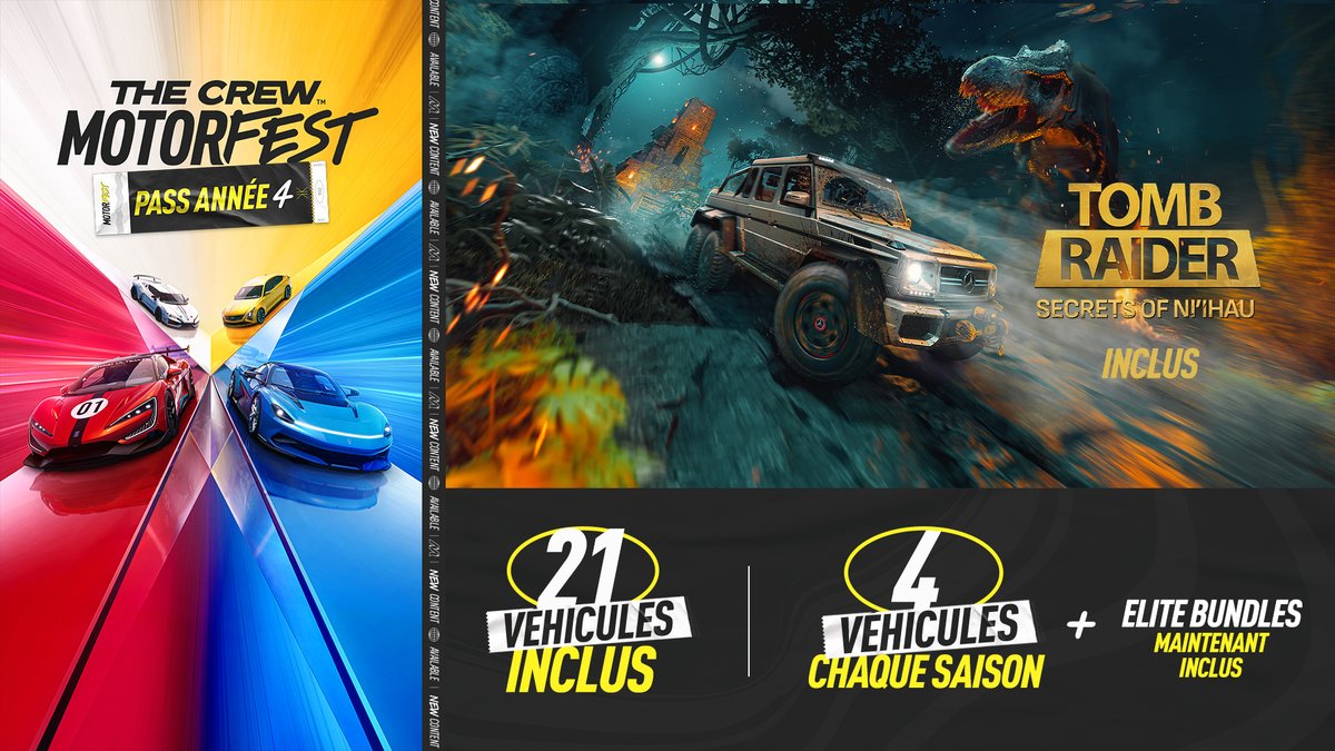 TheCrewFR's tweet photo. Qui dit nouvelle année dit nouveau Pass ! 

Le Pass Année 4 de The Crew Motorfest, c'est : 
🚗 21 véhicules
🧭 La Playlist Tomb Raider
💎 Les Elite Bundles désormais inclus https://t.co/uZHlUqlR1S