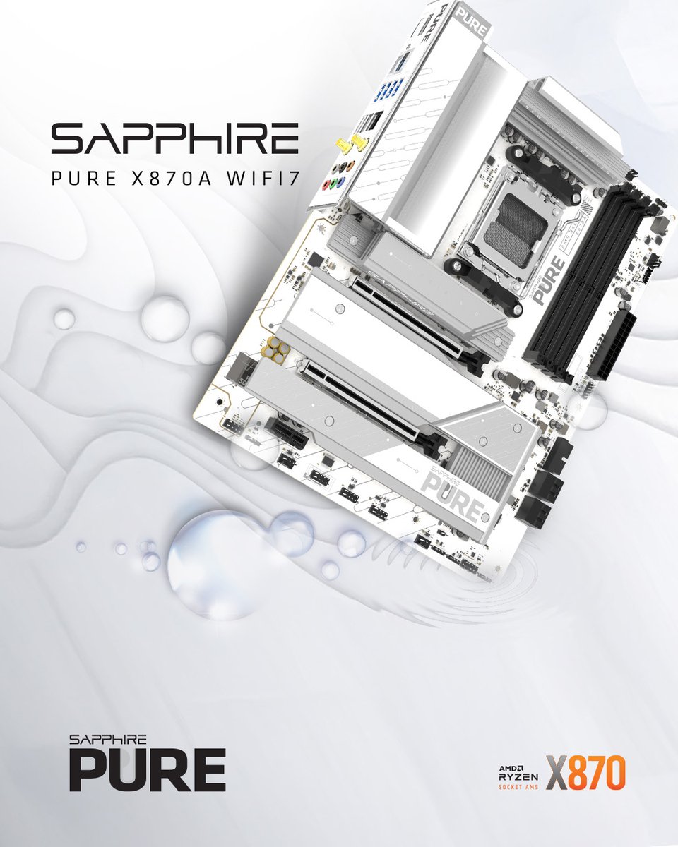 SapphireTech's tweet photo. Clean, powerful, and efficient. The SAPPHIRE PURE X870A WIFI 7 pairs minimalist design with AM5 support, dual-channel DDR5, and comprehensive cooling for your dream PC build
.
.
#MB #Motherboard #AMD #AM5 #X870 #gaming #hardware https://t.co/EybumR9WzQ