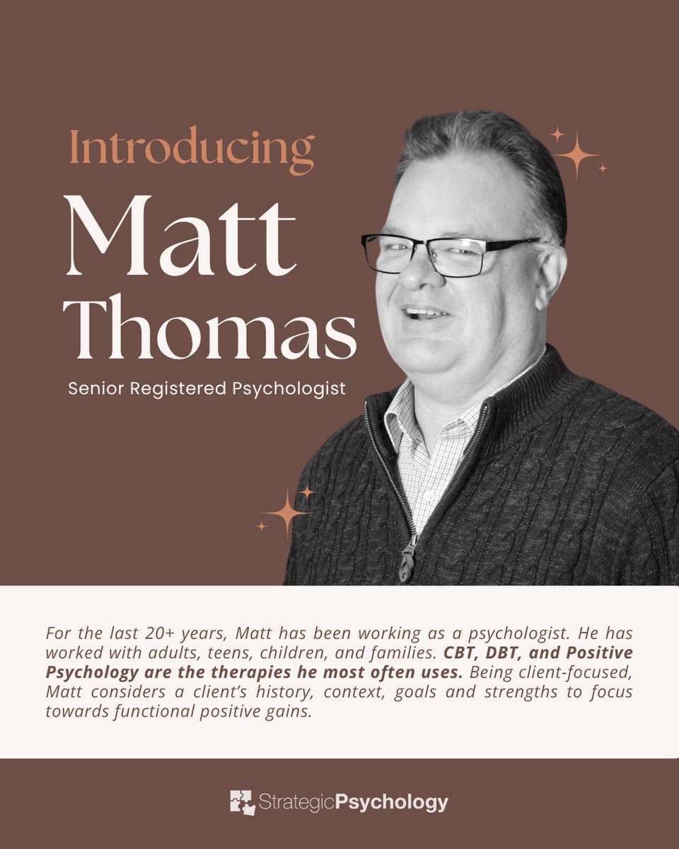 StratPsychCBR's tweet photo. Introducing Matt Thomas, Senior Registered Psychologist

Matt works with adults, adolescents, and children aged 2 and above.
Based in Canberra City
Phone: 02 6262 6157
Email: support@strategicpsychology.com.au https://t.co/Xn5exWnJPV