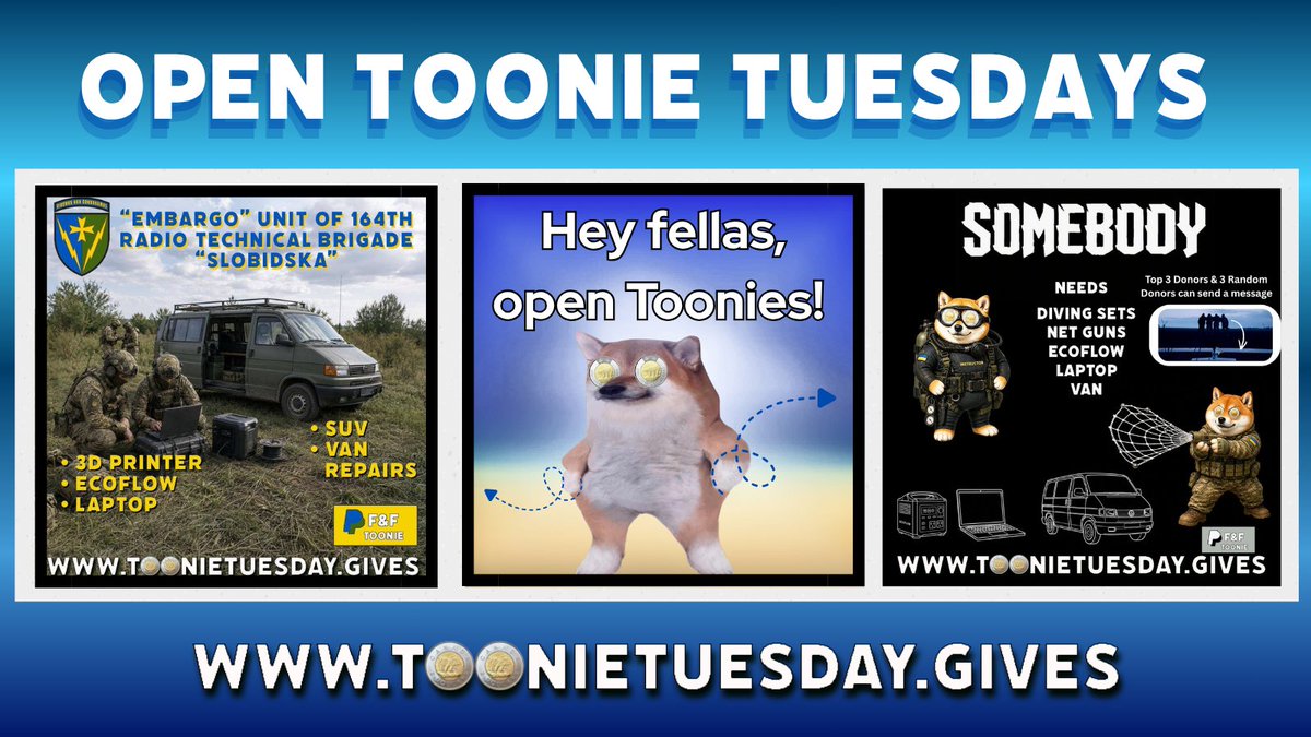 toonie_tuesday's tweet photo. ⚡️ OPEN TOONIE TUESDAYS!

Two missions open. Two teams waiting. Let’s make this a weekend that shifts the numbers.

🔥 Hotoke - $3,761 needed. The heavy gear is already locked: vehicle done, 3D printer done. What’s left are the EcoFlow, laptop, and repairs that flip this into a fully operational unit.

PP: myifix.gg@gmail.com(other option in comments)

🔥 SOMEBODY - $10,226  needed. This will deliver 2 net guns, a laptop, an EcoFlow, diving gear for training, and a van. All real kit needed, ready to move the second we close it.

PP: Bogdan.nelen@gmail.com(other option in comments)

If you can drop a fiver - do it. If you can’t - sharing is fuel and keeps it moving. Let’s punch these totals down and get this gear delivered.

Links in the comments. Slava Ukraini. 🇺🇦