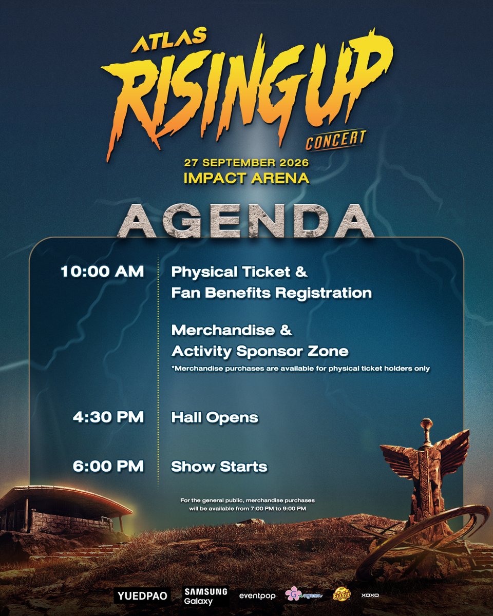 ATLASofficialTH's tweet photo. [ AGENDA ]

ATLAS: RISING UP CONCERT ✨
LIVE AT IMPACT ARENA

🎟️ TICKET PRICES: 5,600 / 5,200 / 4,600 / 4,200 / 3,600 / 3,200 / 2,600 / 2,200 / 1,600 BAHT
💳 AVAILABLE ON EVENTPOP
🔗 : https://t.co/BdW0f0V3ZB

📌 TICKET PRICES INCLUDE VAT BUT EXCLUDE THE PAYMENT GATEWAY FEE.
➤ (ราคานี้รวม VAT แล้ว แต่ยังไม่รวมค่าธรรมเนียมการชำระเงิน)

#ATLASRisingUpConcert
#ATLASconcert2026
#ATLASth #ATLAS_th
#XOXOEntertainment