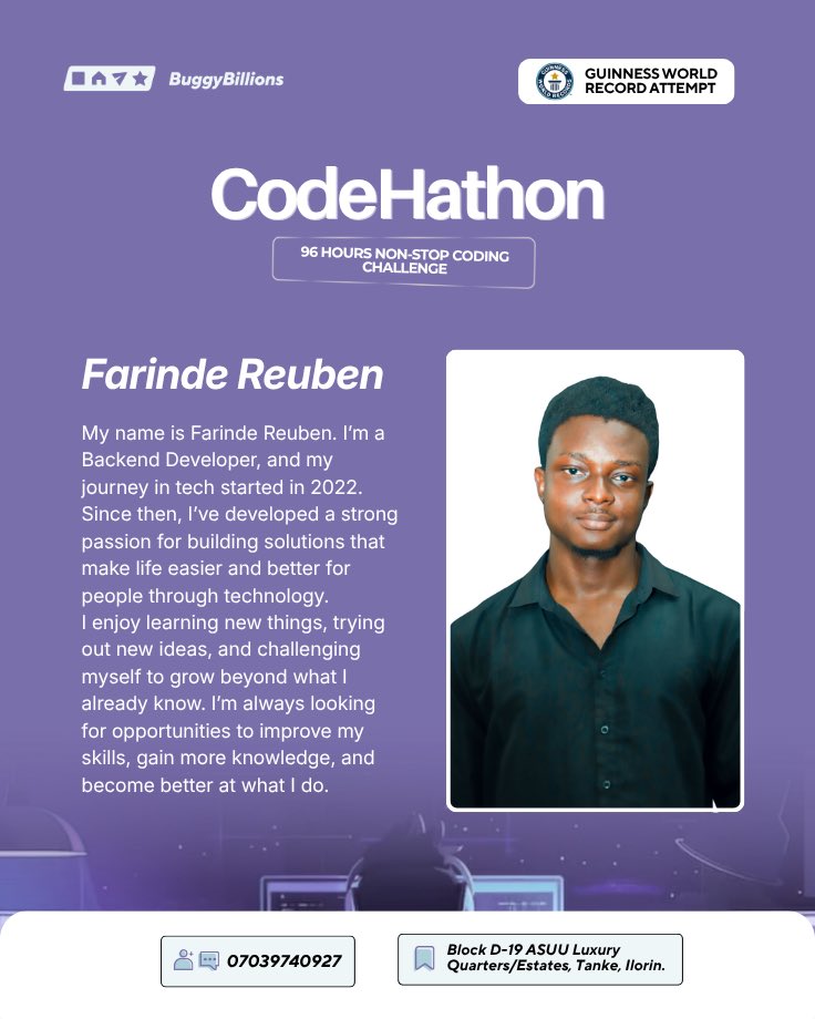 BuggyBillionsng's tweet photo. MEET THE BUILDERS TAKING ON THE CHALLENGE! 💻

📅 24th to 28th September 2026

#BuggyBillions #CodeHathon #TechCommunity #CodingChallenge #GuinnessWorldRecords https://t.co/qNPRqa5fAc