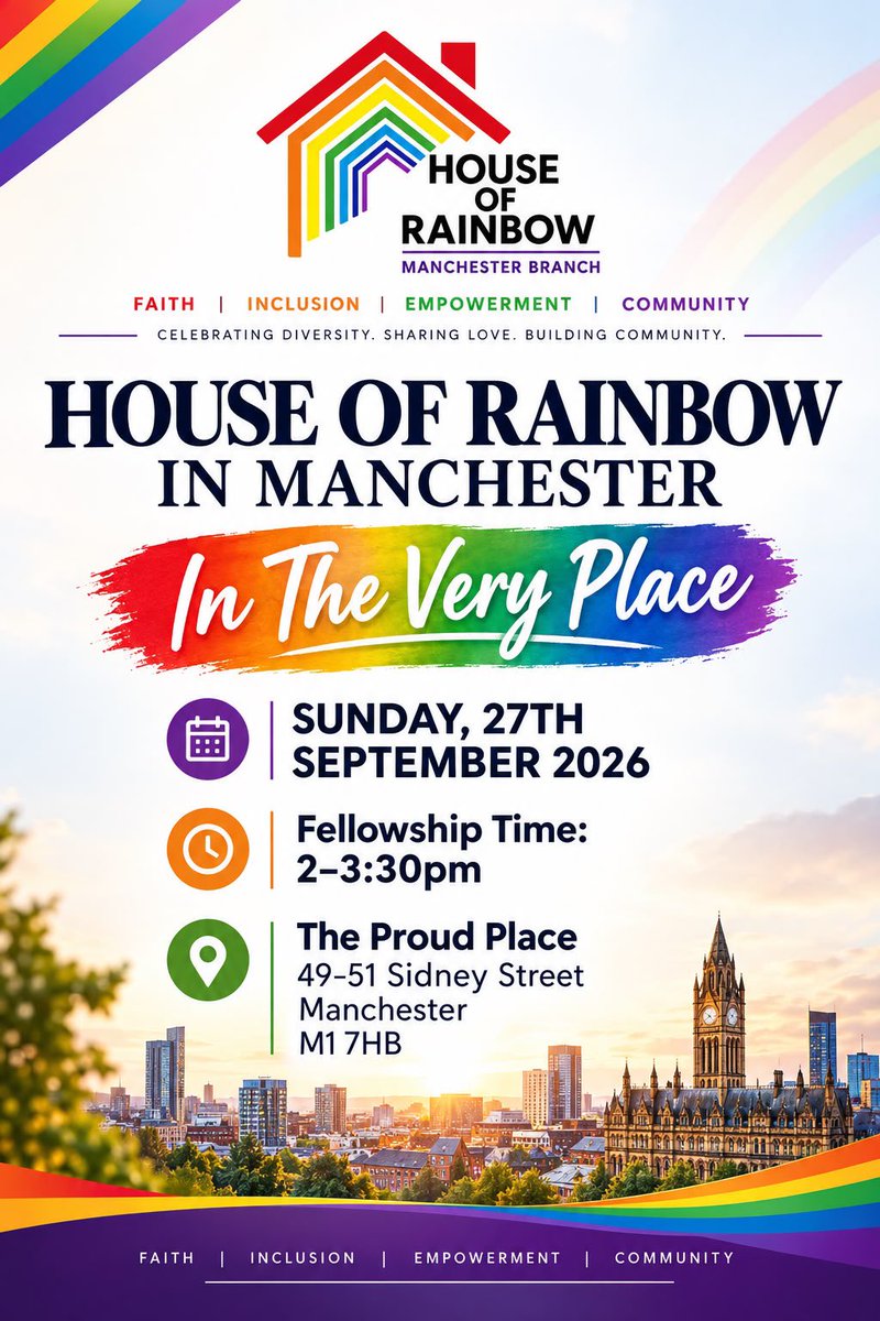 HouseOfRainbow's tweet photo. @HouseofRainbow is in Manchester! 

Join us at The Proud Place for an afternoon of faith, fellowship, love and community. Come as you are, connect with others, and find your place.

📅 Sunday, 27 September 2026
⏰ 2:00–3:30pm
📍 The Proud Place, Manchester

Everyone is welcome! https://t.co/2anQ6fYk6Y