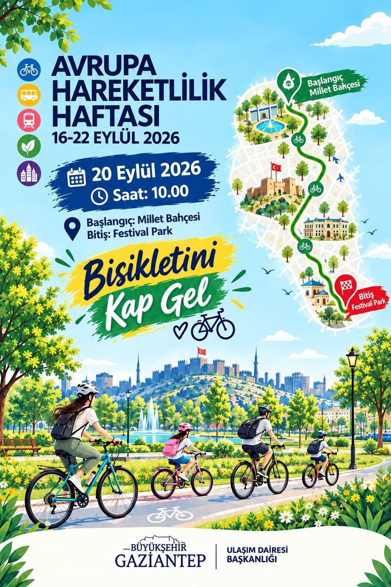 UlasimGbb's tweet photo. 🚲💚 Bisikletini kap gel!

Avrupa Hareketlilik Haftası kapsamında, “Nesiller Arası Adalet, Herkes İçin Hareketlilik” temasıyla düzenleyeceğimiz bisiklet sürüşüne tüm vatandaşlarımızı, sivil toplum kuruluşlarımızı ve bisikletseverleri davet ediyoruz. 🌿

📅 20 Eylül 2026 Pazar
⏰ 10.00
📍 Başlangıç: Kamil Ocak Millet Bahçesi
🏁 Bitiş: Festival Park

🚴 Rota: Kamil Ocak Caddesi → Mithat Enç Caddesi → Nail Bilen Caddesi → Ömer Asım Aksoy Caddesi → Ali Nadi Ünler Bulvarı → Kavaklık Parkı → Festival Park

Daha temiz, daha sağlıklı ve herkes için erişilebilir bir şehir için hep birlikte pedal çevirelim. 🌱💙

Bisikletini kap, bize katıl! 🚲

#HerkesİçinHareketlilik #AvrupaHareketlilikHaftası #ArabasızGün #Gaziantep #sürdürülebilirulaşım