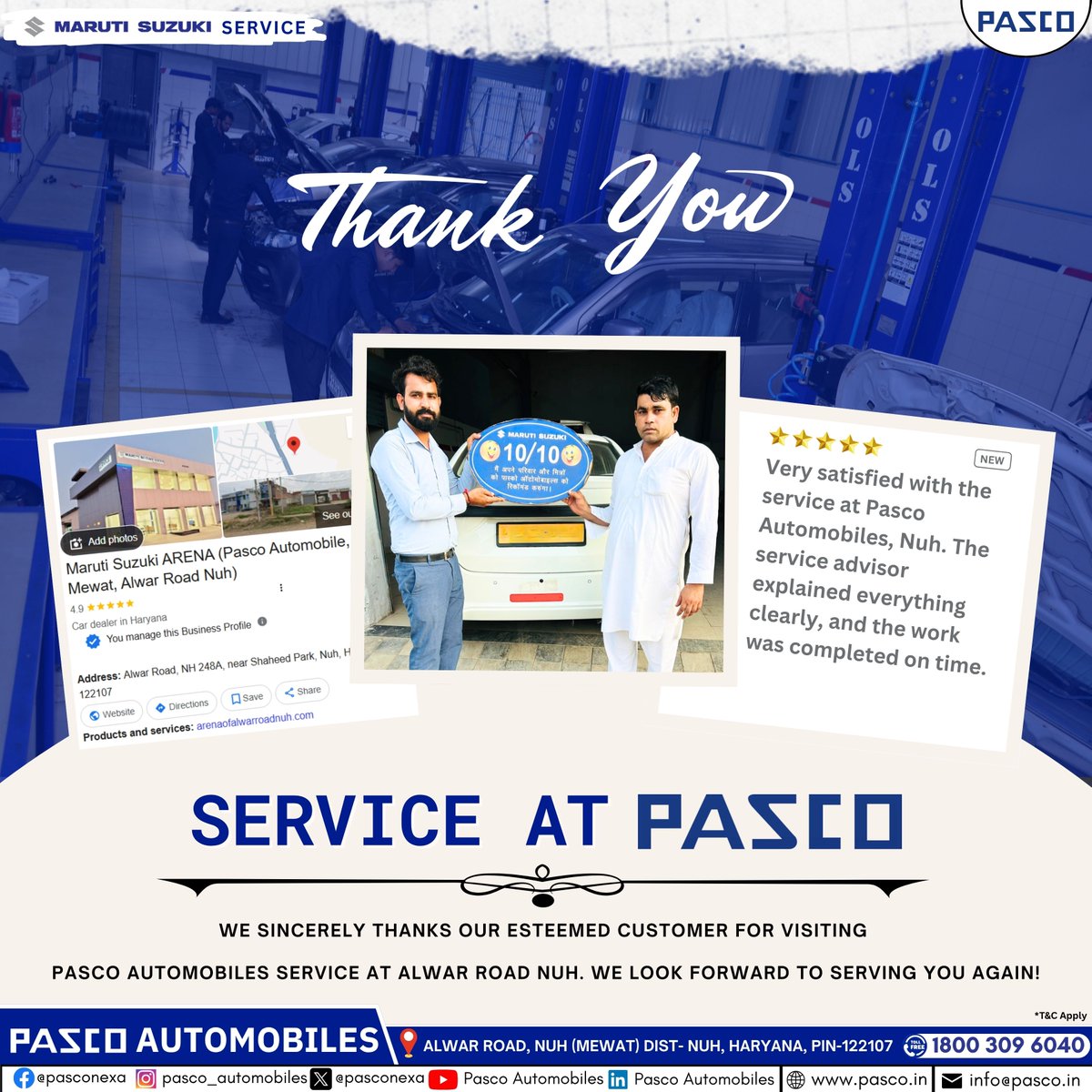 pascoauto's tweet photo. ๐งExcellence in every service, satisfaction in every smile!
๐We're proud to deliver 10/10 experiences every single time at #PascoAutomobiles, Nuh, Haryana. ๐
Book service today.
๐https://t.co/tDFEmLoWHz
๐18003096040
*T&C apply.
#ServiceAtPasco #PascoAutomobiles #PascoArena https://t.co/ByycofrMEX