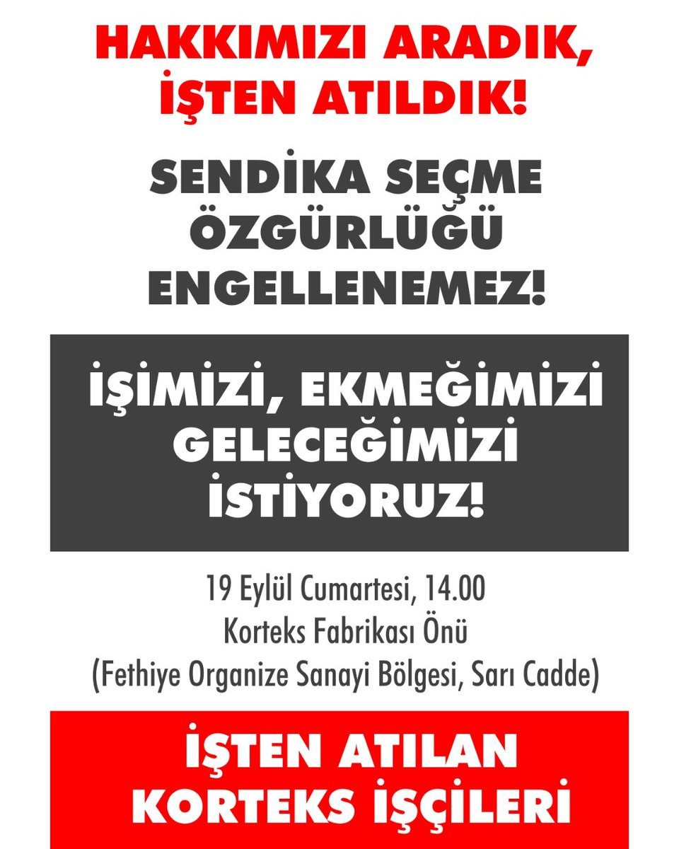 sendikaumut_'s tweet photo. 📍 Bursa

Hak mücalesi suç değildir! İşten çıkarmalara bahane olarak kullanılamaz!
Korteks Tekstil'de toplu iş sözleşmesindeki sefalet zammını reddederek greve başlayan ancak sarı sendika TEKSİF'in işçilere sormadan imzalaması sonucunda grevi 2. gününde sonlandıran işçiler, sözleşmenin sona ermesinden yaklaşık bir ay sonra işten çıkarılıyor. Hak arama mücadelesi içinde olan işçiler cezalandırılmaya çalışılıyor.

Korteks işçileri herkesi seslerini duymaya, destek olmaya çağırıyor.

🗓 19 Eylül Cumartesi
⏰ 14.00
📍 Korteks Fabrikası Önü, Bursa