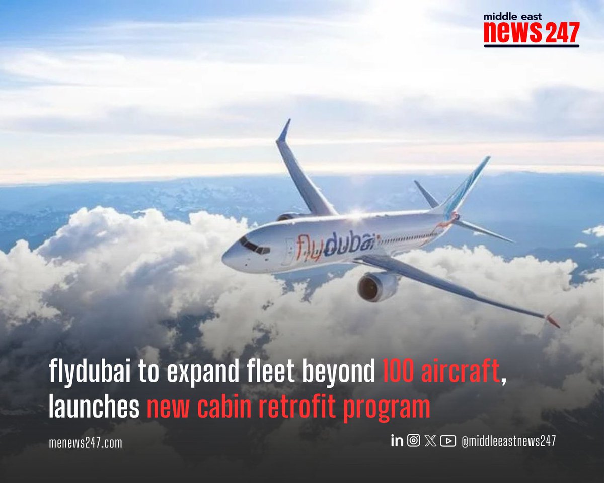 menews247's tweet photo. flydubai to expand fleet beyond 100 aircraft, launches new cabin retrofit program
Read the full story ➡ https://t.co/YGxBLFjMMh
#flydubai #Boeing737MAX #FleetExpansion #DubaiAviation #CabinRetrofit #AirlineIndustry #BusinessClass #UAETravel https://t.co/ANIh1X70my