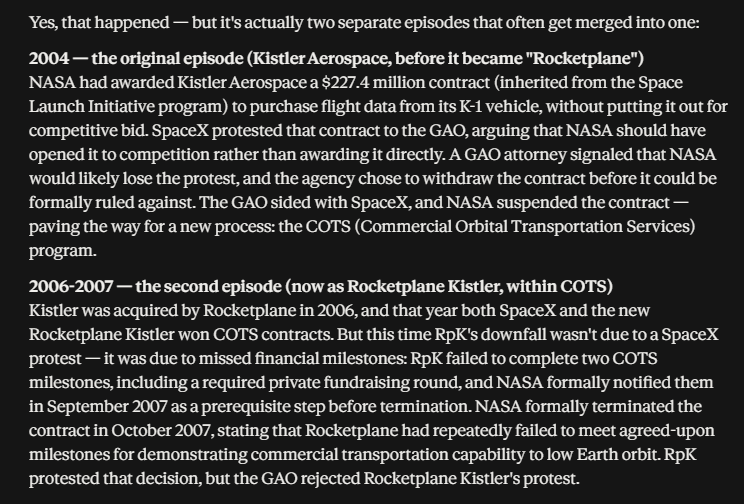 Fer137xyz's tweet photo. @ToughSf Interesting, but:
"NASA formally terminated the contract in October 2007, stating that Rocketplane had repeatedly failed to meet agreed-upon milestones for demonstrating commercial transportation capability to low Earth orbit." https://t.co/uVznbkcs4W