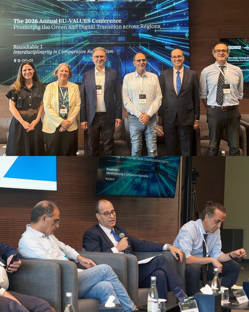 EUValuesNetwork's tweet photo. 🌍 The EU-VALUES Conference is underway! Day 1 focused on the Green &amp; Digital Transition, hosted by @UM6P_officiel's Faculty of Governance, Economics &amp; Social Sciences.

Highlight: our roundtable on Interdisciplinarity in Comparative Regionalism 🌱

Day 2 is live, stay tuned!👇 https://t.co/Jt2jj3ZkVN
