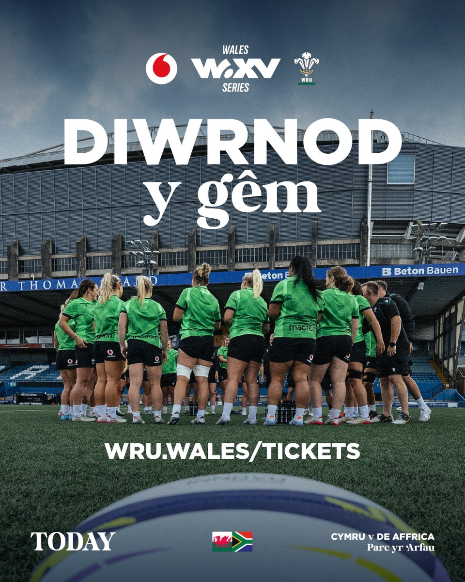 WelshRugbyUnion's tweet photo. 💥 𝘿𝙞𝙬𝙧𝙣𝙤𝙙 𝙮 𝙂ê𝙢 | 🏴󠁧󠁢󠁷󠁬󠁳󠁿🆚🇿🇦

A huge Test awaits as our WXV campaign kicks off at home 💪🔥

⏰ 19:15 KO
🏟️ Cardiff Arms Park
🏆 Vodafone Wales WXV Series
🎟 https://t.co/3ZxGIGRBsV

#CymruAmByth https://t.co/dCUhd5Q6FK
