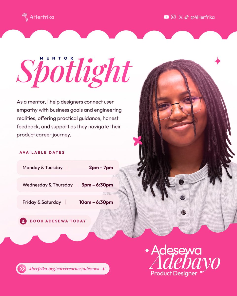 4Herfrika's tweet photo. Mentor Spotlight🎉

Meet Adesewa @sewa_AG a Product Designer and Career Corner mentor. She’s here to offer practical guidance, honest feedback, and support as you navigate your design career.

Book a call with Adesewa here: 
🔗 https://t.co/7nU9FU9ajj

#4Herfrika https://t.co/EXVtUwxu8U