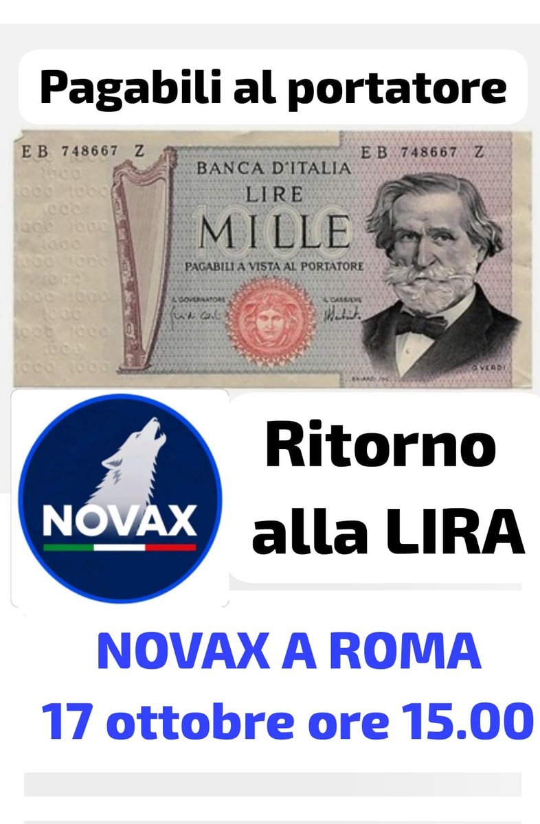 LucaTeodori3V's tweet photo. RITORNO ALLA LIRA
📍Primo punto programmatico del
Gruppo Economia Nazionale della coalizione NOVAX.
#NOVAX #vaccino #euro #lira #economia #Italia https://t.co/0F3YF3Rxdo