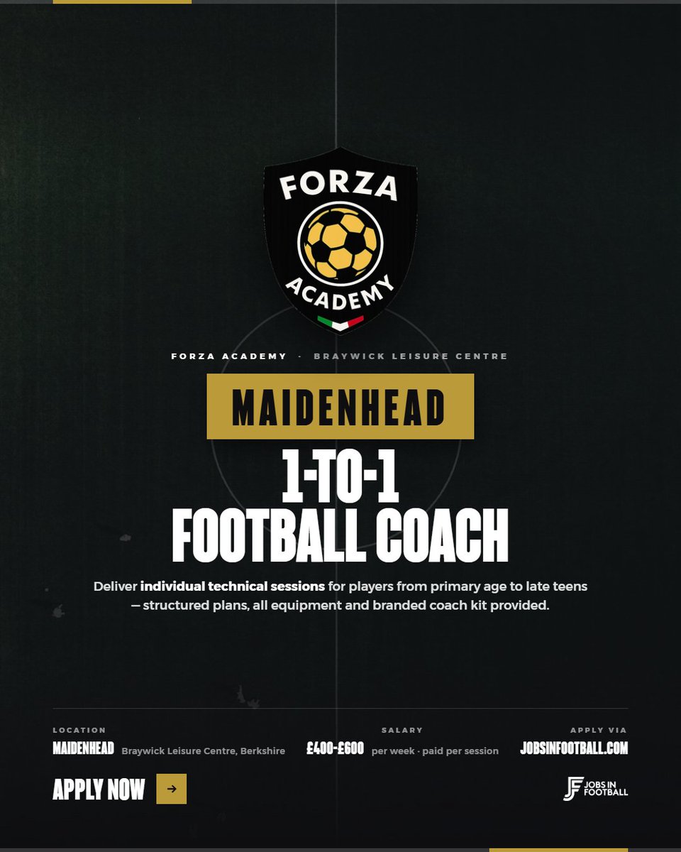JobsInFootball's tweet photo. ⚽️ FOOTBALL COACH | FORZA ACADEMY

Forza Academy is expanding its coaching team and is looking for a Football Coach to join its 1-to-1 development programme in Maidenhead.

Based at Braywick Leisure Centre, Forza Academy works with players from primary school age through to their late teens, delivering individual coaching focused on technical development and long-term progression.

This is a great opportunity for a coach who enjoys working closely with young players and wants to make a visible impact on their development.

✅ Deliver structured 1-to-1 coaching sessions
✅ Work with players across a range of ages and abilities
✅ Track player development and contribute to monthly parent reports
✅ Build strong relationships with players and families
✅ Session plans, equipment and branded coaching kit provided
✅ Flexible scheduling around your availability
Applicants should ideally have:

⚽ FA Level 2 / UEFA C or above, or be working towards it
🛡️ Enhanced DBS, safeguarding and first aid certificates
👥 Experience coaching young players individually or in small groups
🗣️ Confidence communicating with parents and families
🚗 Own transport
⚽ Experience playing football to a good level

📍 Maidenhead – Braywick Leisure Centre
🕒 Weekday after-school hours and weekends
💼 Self-employed contract | Paid per session
📅 Joining from late September

A fantastic opportunity for an ambitious coach to develop their experience within a growing private football academy and work closely with players on an individual basis.

👉 Apply now via Jobs In Football

https://t.co/OFiXvjkWVL

#FootballJobs #FootballCoaching #FootballCoach #UEFAC #YouthFootball #CoachingJobs #Maidenhead #FootballCareers #JobsInFootball