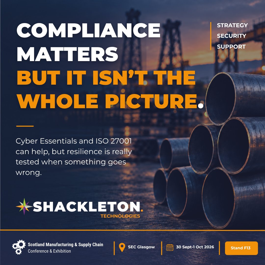 shacktech's tweet photo. Cyber Essentials, Cyber Essentials Plus and ISO 27001 all have real value. They can help with tenders, reassure customers and show that proper controls are in place, but for manufacturers the bigger test is what happens when something actually goes wrong.

#SMSC2026 https://t.co/43isBgWXCi