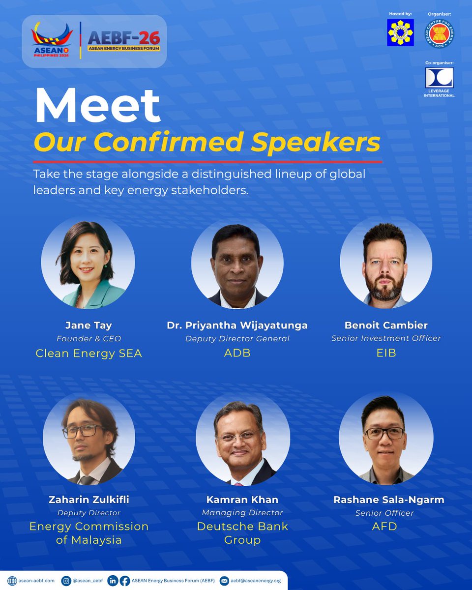 asean_aebf's tweet photo. 🚨 NEW GROUP OF CONFIRMED SPEAKERS FOR AEBF-26!

📌Book Your AEBF-26 Ticket Now:
https://t.co/WCIk09JuF1
 
📅 05–09 October 2026
📍 PICC, Metro Manilla.
 
🔗 https://t.co/VqeRCq66KM 
📩 Enquiries: aebf@aseanenergy.org https://t.co/7XyoIhvAO5