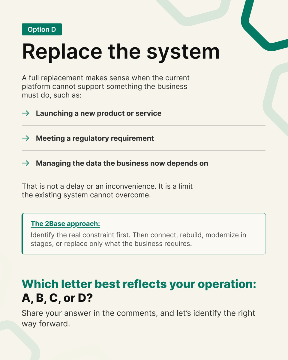 2basetech's tweet photo. Before replacing a business-critical system, start by identifying the real constraint. 

Find the right approach with 2Base: https://t.co/75qRl70cn9

#2basetechnologies #LegacyModernization #DigitalTransformation #BusinessOperations https://t.co/Z8YJZoHw9Z